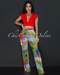 Sariah Red Tropical Ruffle Crop Top & Wide Legs Set
