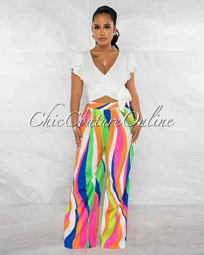 *Tracie Bright Multi-Color Print Pleated Wide Pants