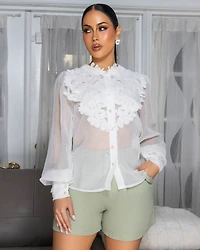 Kidman Off-White Appliqué Design LUXE Mesh Blouse