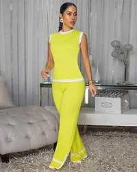 Evan Yellow White Trim Knit Pants Set