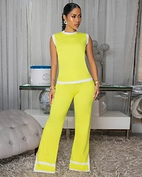 Evan Yellow White Trim Knit Pants Set