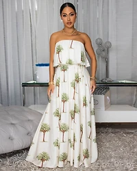 Lani Cream Palm Print Strapless Maxi Dress