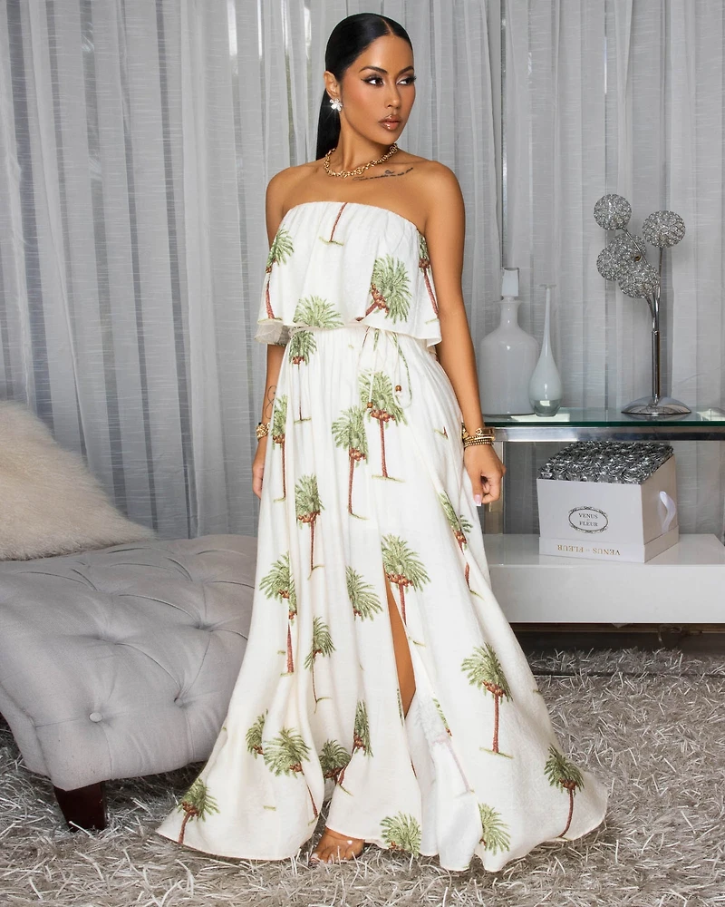 Lani Cream Palm Print Strapless Maxi Dress