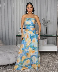 Amaya Blue Yellow Lemon Strapless Maxi Dress