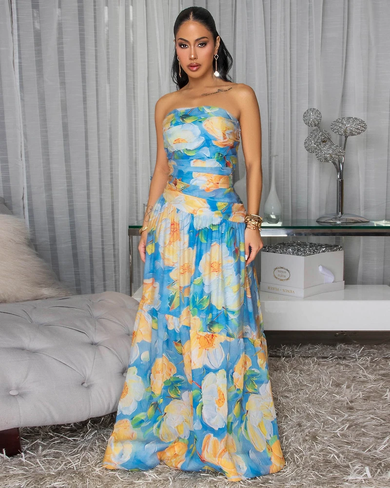 Amaya Blue Yellow Lemon Strapless Maxi Dress