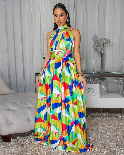 Delray Multi-Color Print Silky Halter Maxi Dress