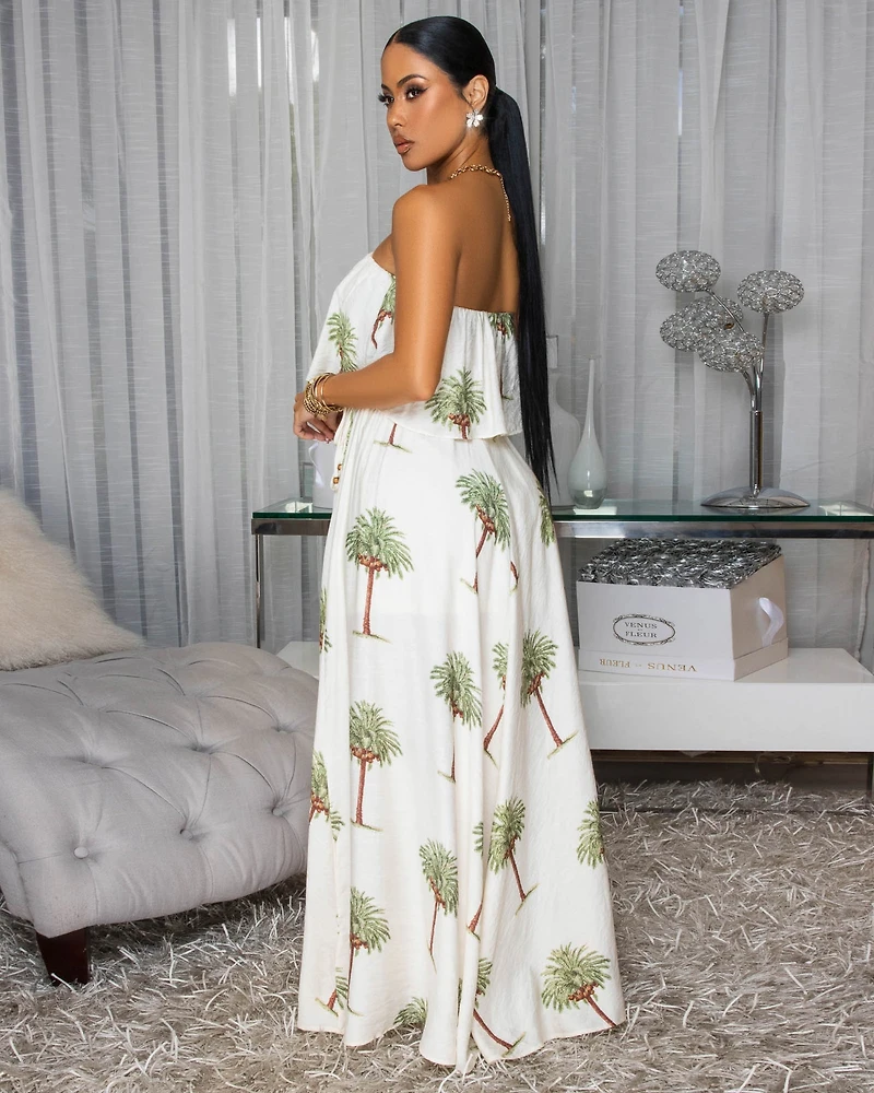 Lani Cream Palm Print Strapless Maxi Dress