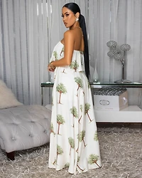 Lani Cream Palm Print Strapless Maxi Dress