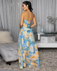 Amaya Blue Yellow Lemon Strapless Maxi Dress