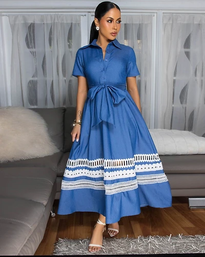 Nneka Denim Blue White Embroidery Maxi Dress