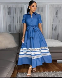Nneka Denim Blue White Embroidery Maxi Dress