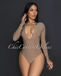 *Nilam Mocha Deep V Neck Long Sleeves Bodysuit