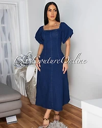 Luisa Dark Denim Off-The-Shoulder Midi Dress