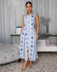 Kelsey Cream Blue Floral Print Button Front Maxi Dress
