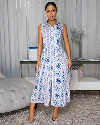 Kelsey Cream Blue Floral Print Button Front Maxi Dress