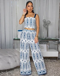 Toya Off-White Blue Print Pants Set