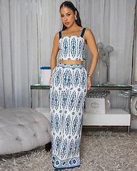 Toya Off-White Blue Print Pants Set