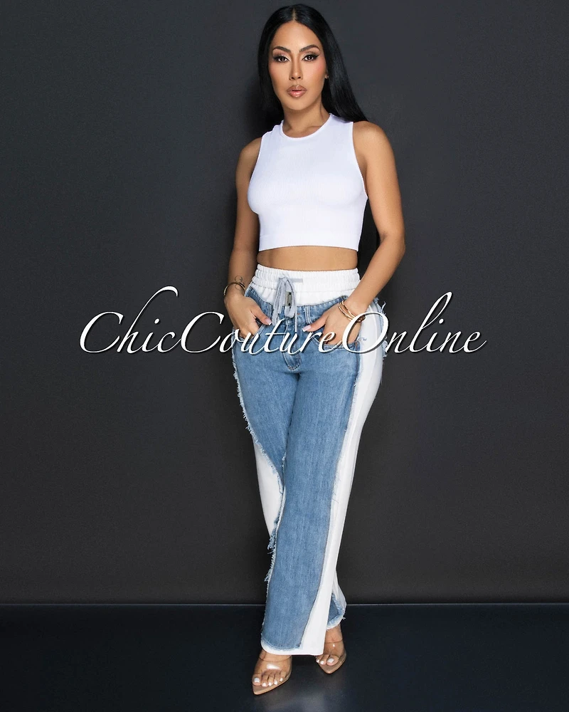 Allie White Blue Denim Sporty Wide Legs Pants