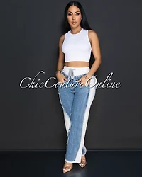Allie White Blue Denim Sporty Wide Legs Pants