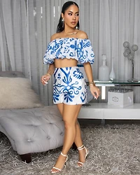 Maropisa Off-White Blue Print Ruffle Top & Shorts Set