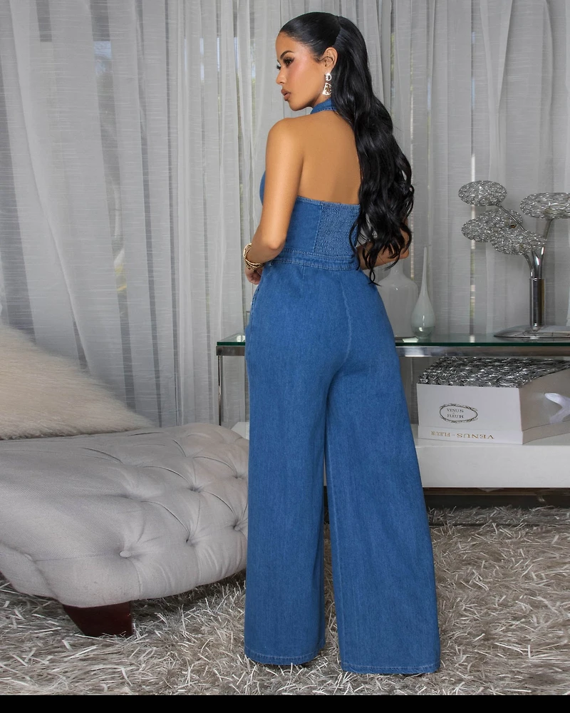 Adama Medium Blue Wash Halter Jumpsuit