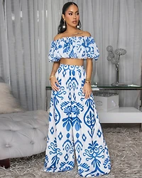 Andy Off-White Blue Print Ruffle Top & Pants Set