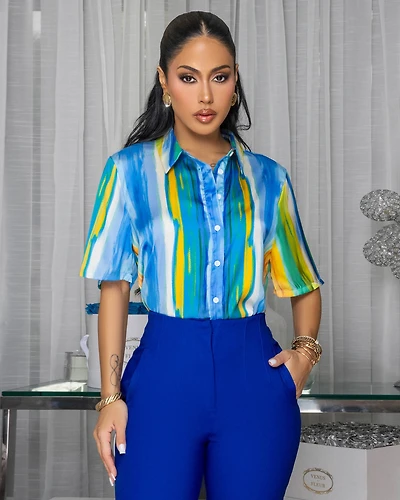 Kallie Blue Multi-Color Ombre Silky Shirt