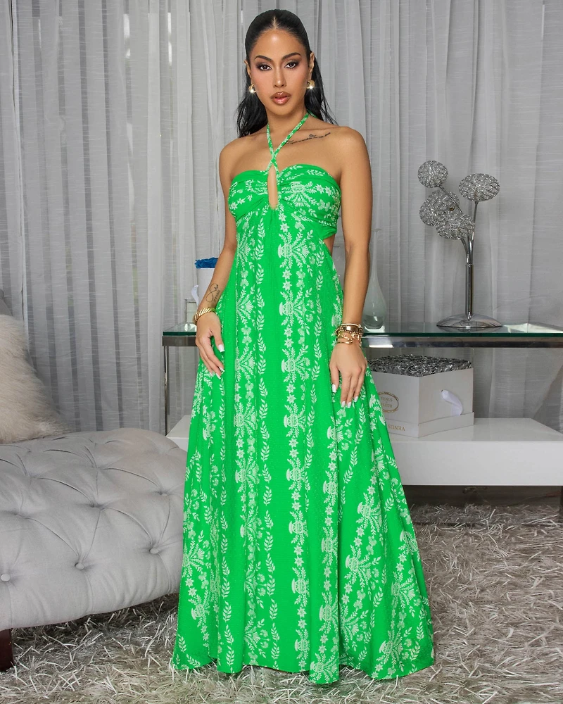 Cyrene Green White Print Halter Maxi Dress