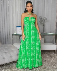 Cyrene Green White Print Halter Maxi Dress