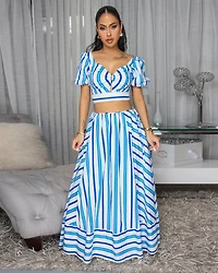 Mikale White Blue Hues Stripes Top & Skirt Set