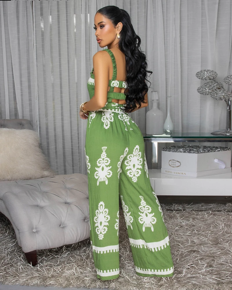 Liberty Olive Green Off-Print Woven Jumpsuit