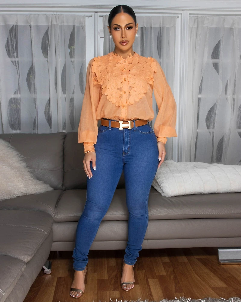 Kidman Tangerine Appliqué Design LUXE Mesh Blouse