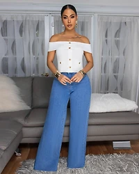 Kayleigh Off-White Gold Buttons Knit Top
