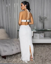 Bexxe White Crochet Padded Maxi Dress