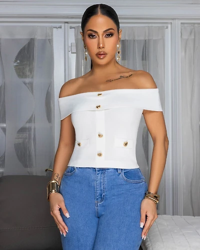 Kayleigh Off-White Gold Buttons Knit Top