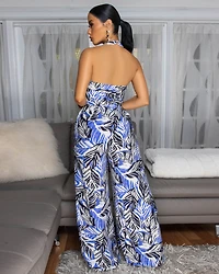 Marisol Blue Black White Print Halter Jumpsuit