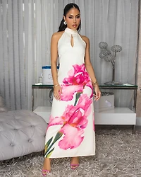 Clarabelle Cream Fuchsia Floral Print Halter Dress