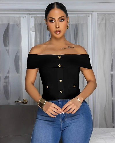 Kayleigh Black Gold Buttons Knit Top