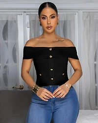Kayleigh Black Gold Buttons Knit Top