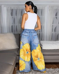 Tamsin Blue Denim Print Yellow Floral Linen Pants