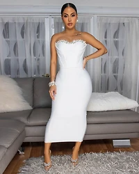 Orellia Off-White Rhinestones Bust Midi Bandage Dress