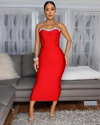Orellia Red Rhinestones Bust Midi Bandage Dress