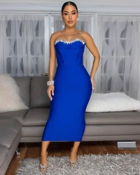 Orellia Royal-Blue Rhinestones Bust Midi Bandage Dress
