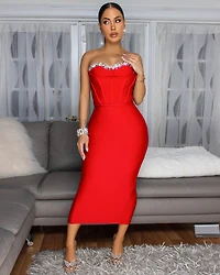 Orellia Red Rhinestones Bust Midi Bandage Dress
