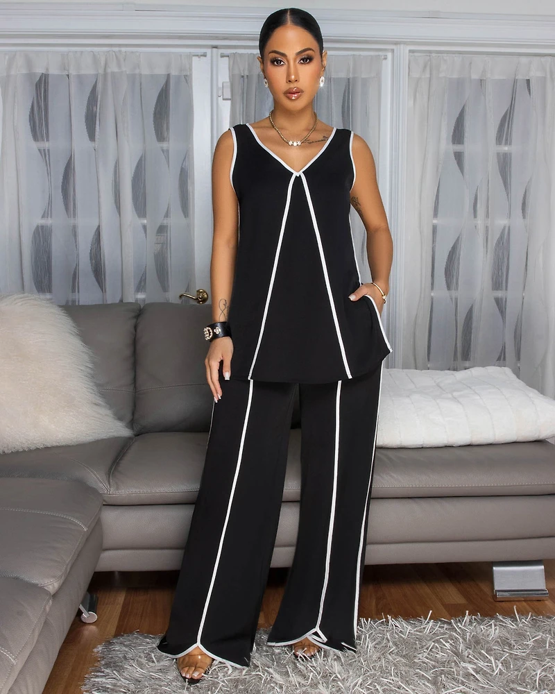 Violeta Black White Trim Top & Pants Set