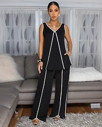 Violeta Black White Trim Top & Pants Set
