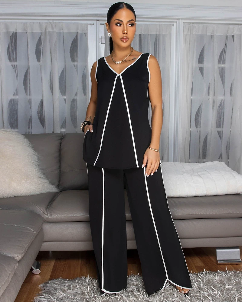 Violene Black White Trim Top & Pants Set