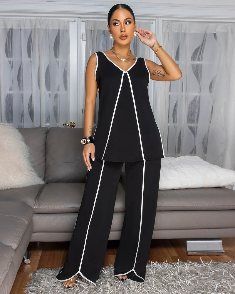 Violeta Black White Trim Top & Pants Set