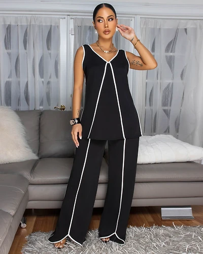 Violeta Black White Trim Top & Pants Set