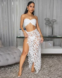 Kadijah White Bandeau Top & Crochet Cover-Up Skirt Set